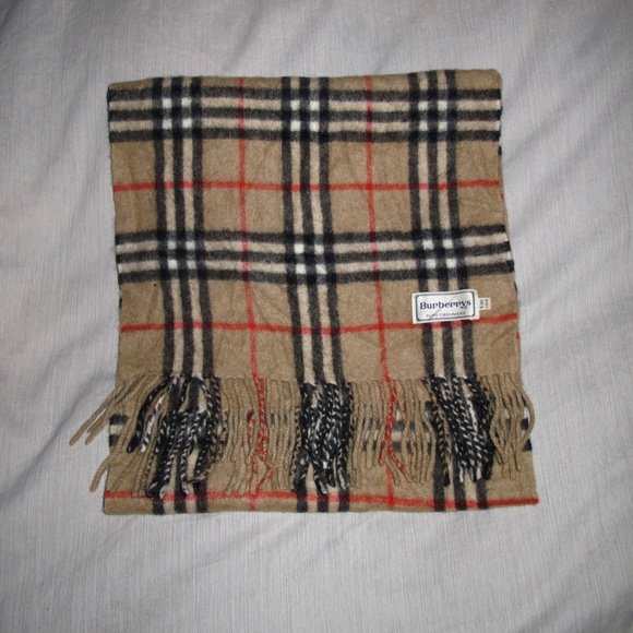 BURBERRYS Pure Cashmere Nova Plaid Scarf Tan Black Red Natural 12 x 53 - Picture 2 of 7